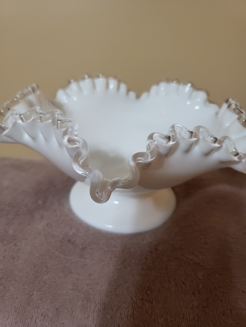 Fenton Silver Crest White Ruffled Milk Glass Compote with Clear Trim